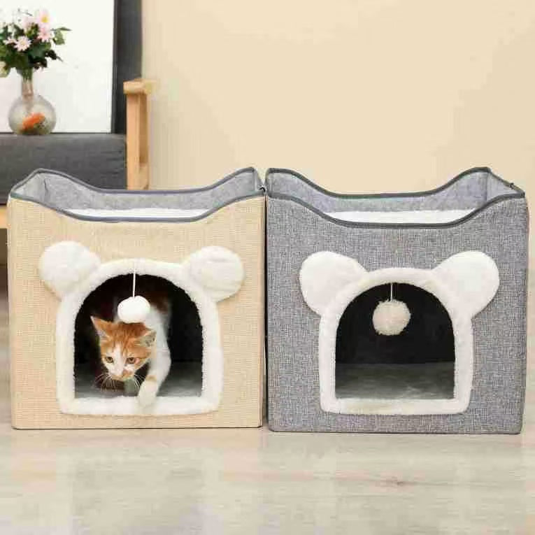 2-in-1 Cat House Bed with Scratching Pad